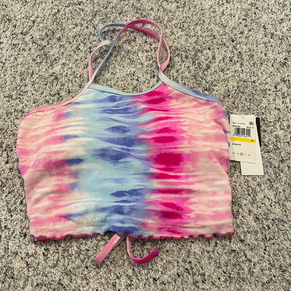 Salt + Cove tie dye multi color x-back crop bikini swim top M